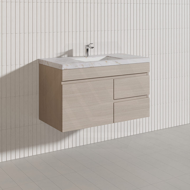 Lukka Camden Modern 900mm Wall Hung Vanity E0 MDF Wood Grain PVC Film Cabinet with Left/Right Hand Drawers In Various Colours