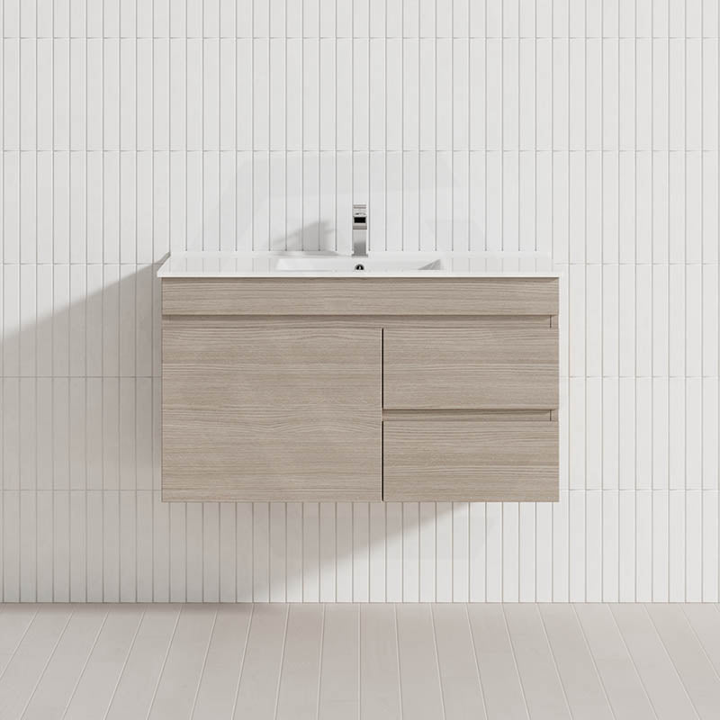 Lukka Camden Modern 900mm Wall Hung Vanity E0 MDF Wood Grain PVC Film Cabinet with Left/Right Hand Drawers In Various Colours