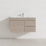 Lukka Camden Modern 900mm Wall Hung Vanity E0 MDF Wood Grain PVC Film Cabinet with Left/Right Hand Drawers In Various Colours