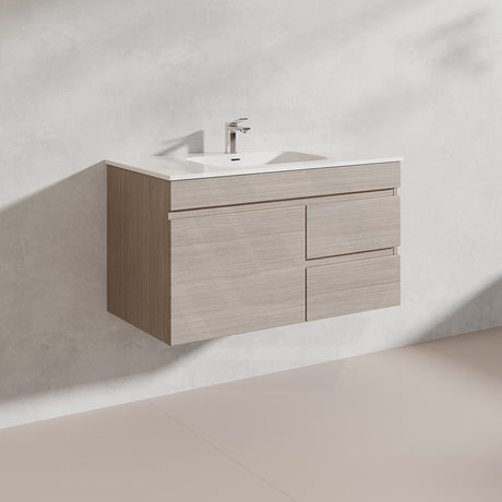 Lukka Camden Modern 900mm Wall Hung Vanity E0 MDF Wood Grain PVC Film Cabinet with Left/Right Hand Drawers In Various Colours