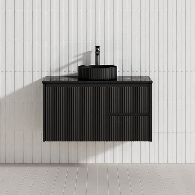600-1500mm Lukka Crete Wall Hung Bathroom Fluted Vanity Matt White/Black PVC Board Linear Surface
