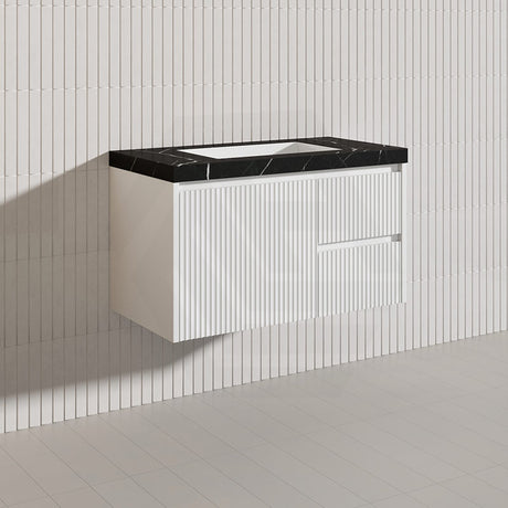 900mm Lukka Crete Wall Hung Bathroom Fluted Vanity Matt White/Black PVC Board Left/Right Drawers Available
