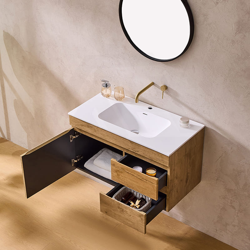 Lukka Camden Modern 900mm Wall Hung Vanity E0 MDF Wood Grain PVC Film Cabinet with Left/Right Hand Drawers In Various Colours