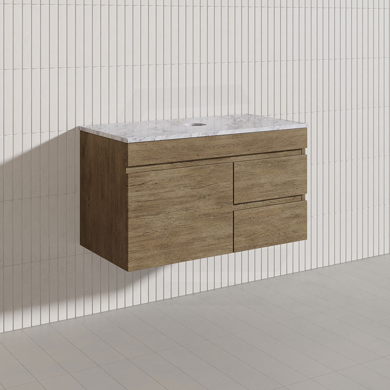 Lukka Camden Modern 900mm Wall Hung Vanity E0 MDF Wood Grain PVC Film Cabinet with Left/Right Hand Drawers In Various Colours