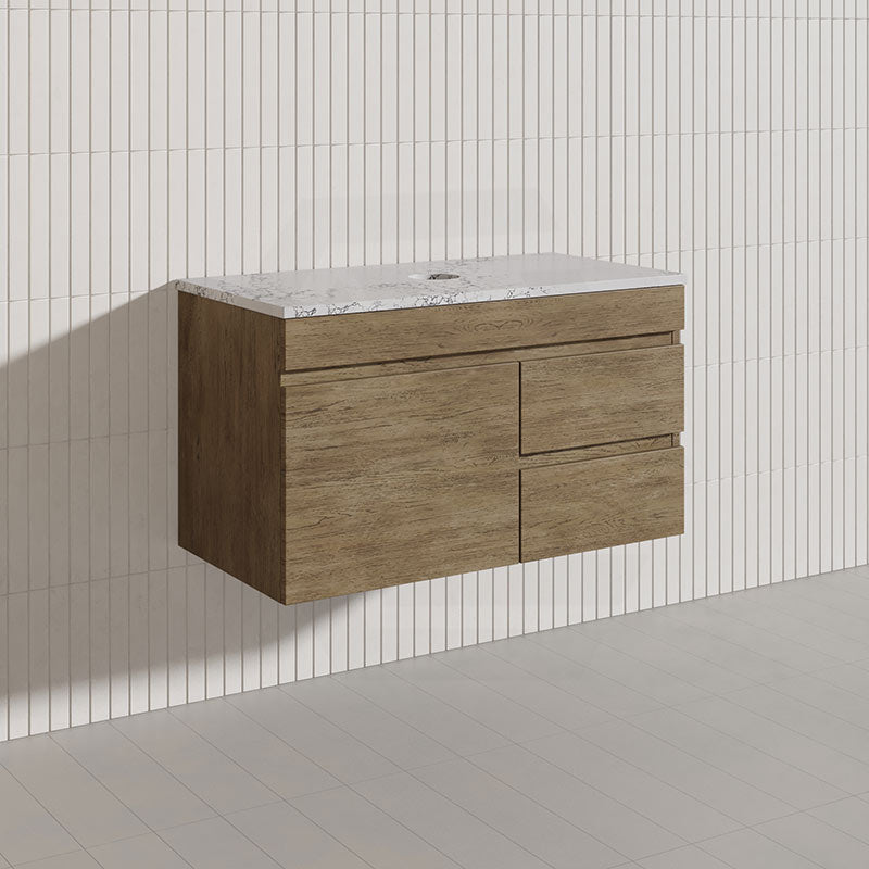 Lukka Camden Modern 900mm Wall Hung Vanity E0 MDF Wood Grain PVC Film Cabinet with Left/Right Hand Drawers In Various Colours