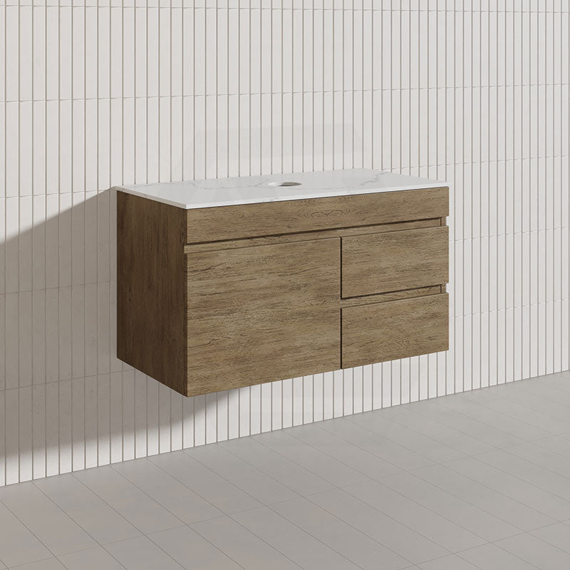 Lukka Camden Modern 900mm Wall Hung Vanity E0 MDF Wood Grain PVC Film Cabinet with Left/Right Hand Drawers In Various Colours