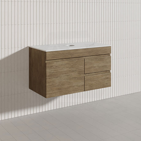Lukka Camden Modern 900mm Wall Hung Vanity E0 MDF Wood Grain PVC Film Cabinet with Left/Right Hand Drawers In Various Colours