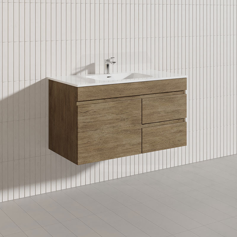 Lukka Camden Modern 900mm Wall Hung Vanity E0 MDF Wood Grain PVC Film Cabinet with Left/Right Hand Drawers In Various Colours