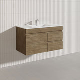 Lukka Camden Modern 900mm Wall Hung Vanity E0 MDF Wood Grain PVC Film Cabinet with Left/Right Hand Drawers In Various Colours