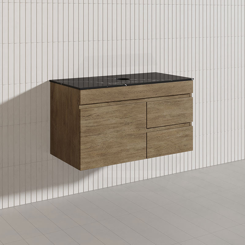 Lukka Camden Modern 900mm Wall Hung Vanity E0 MDF Wood Grain PVC Film Cabinet with Left/Right Hand Drawers In Various Colours