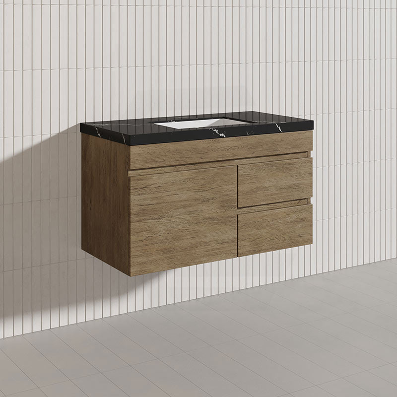 Lukka Camden Modern 900mm Wall Hung Vanity E0 MDF Wood Grain PVC Film Cabinet with Left/Right Hand Drawers In Various Colours