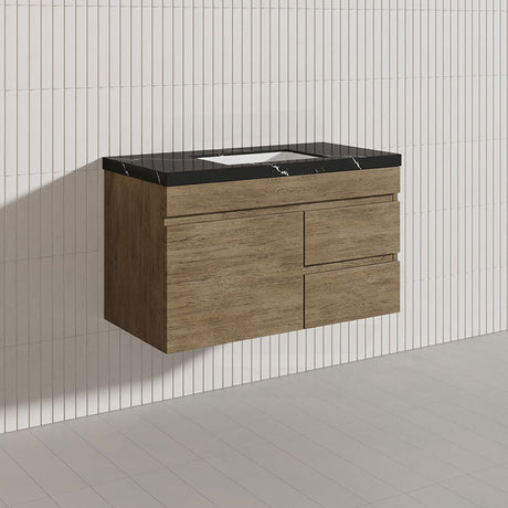 Lukka Camden Modern 900mm Wall Hung Vanity E0 MDF Wood Grain PVC Film Cabinet with Left/Right Hand Drawers In Various Colours