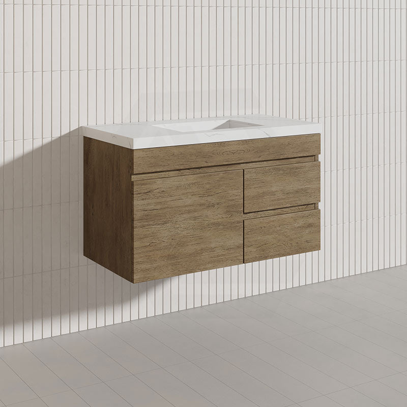 Lukka Camden Modern 900mm Wall Hung Vanity E0 MDF Wood Grain PVC Film Cabinet with Left/Right Hand Drawers In Various Colours
