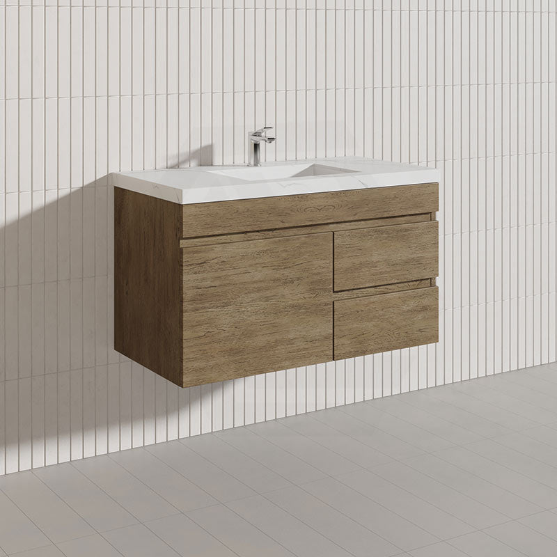 Lukka Camden Modern 900mm Wall Hung Vanity E0 MDF Wood Grain PVC Film Cabinet with Left/Right Hand Drawers In Various Colours