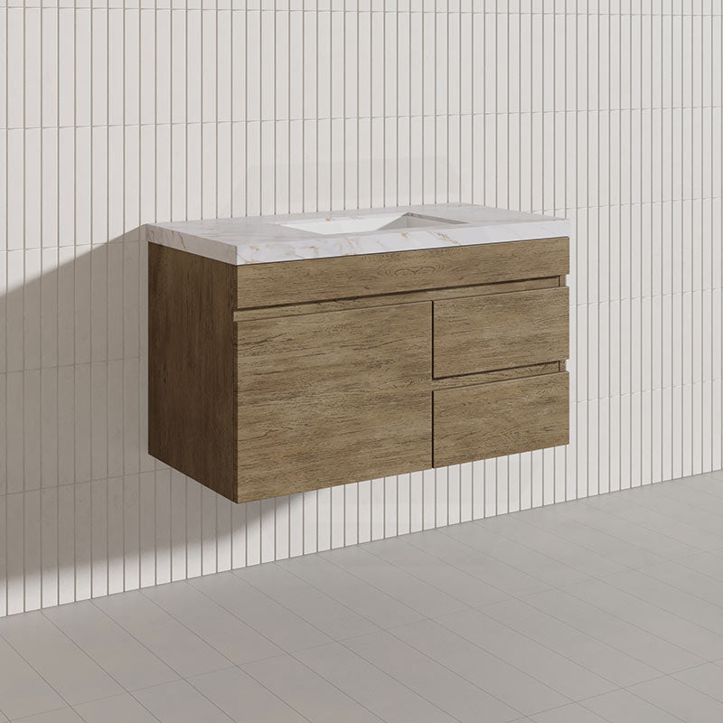 Lukka Camden Modern 900mm Wall Hung Vanity E0 MDF Wood Grain PVC Film Cabinet with Left/Right Hand Drawers In Various Colours