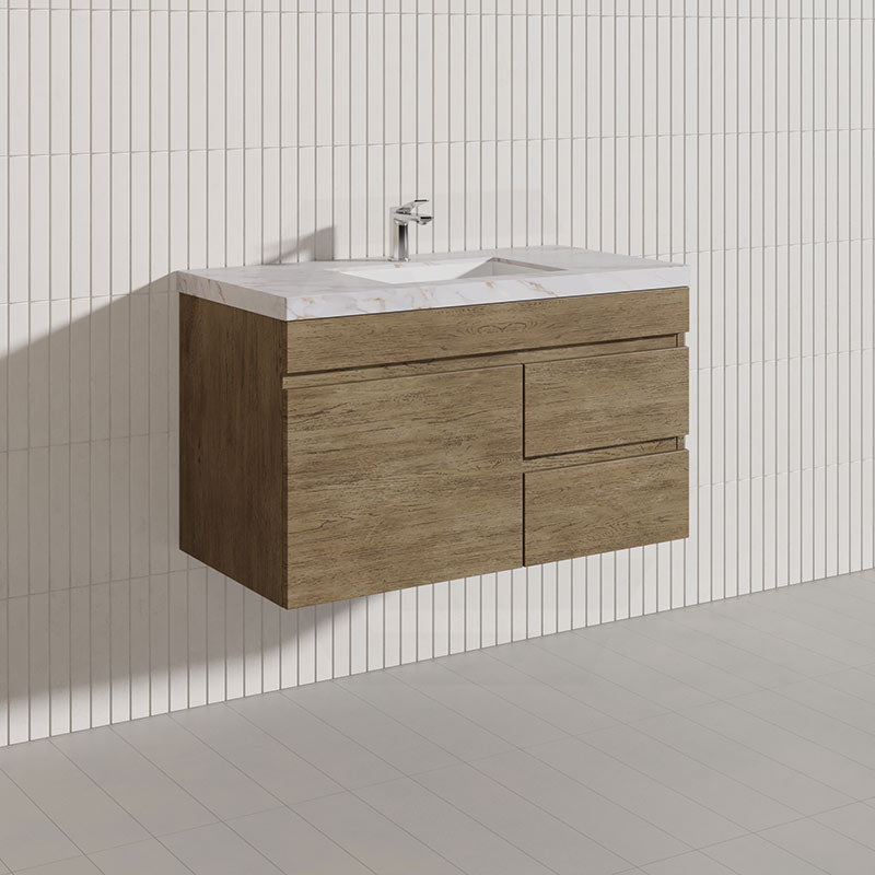 Lukka Camden Modern 900mm Wall Hung Vanity E0 MDF Wood Grain PVC Film Cabinet with Left/Right Hand Drawers In Various Colours
