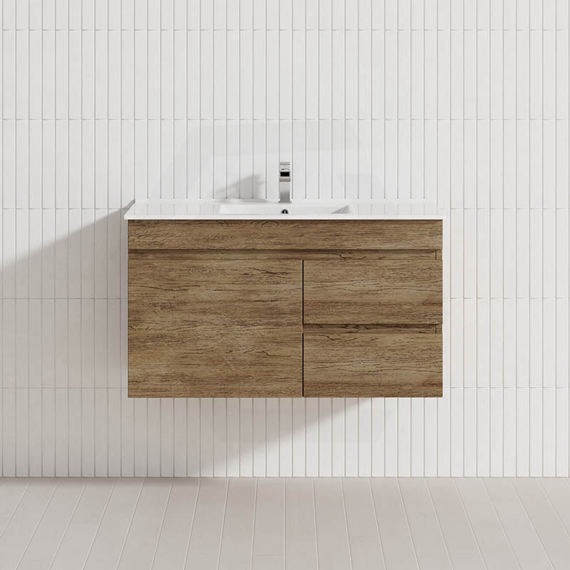 Lukka Camden Modern 900mm Wall Hung Vanity E0 MDF Wood Grain PVC Film Cabinet with Left/Right Hand Drawers In Various Colours
