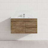 Lukka Camden Modern 900mm Wall Hung Vanity E0 MDF Wood Grain PVC Film Cabinet with Left/Right Hand Drawers In Various Colours