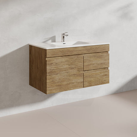 Lukka Camden Modern 900mm Wall Hung Vanity E0 MDF Wood Grain PVC Film Cabinet with Left/Right Hand Drawers In Various Colours