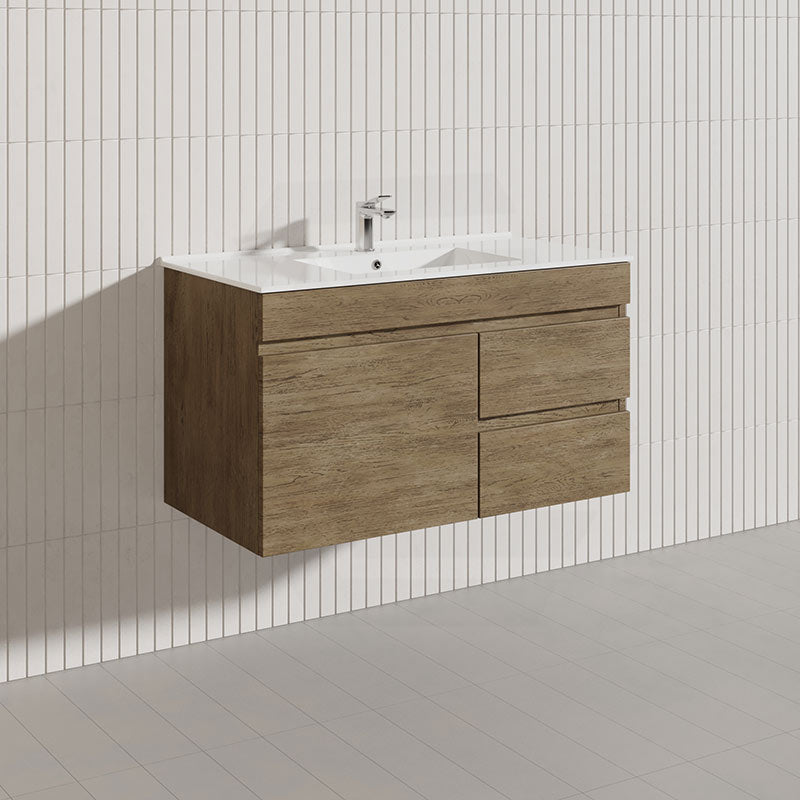 Lukka Camden Modern 900mm Wall Hung Vanity E0 MDF Wood Grain PVC Film Cabinet with Left/Right Hand Drawers In Various Colours