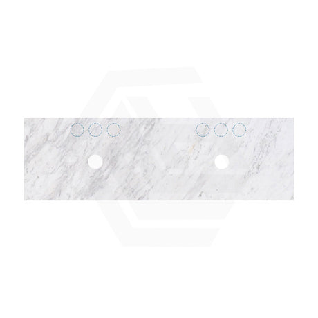 18mm Thick Lukka Carrara White Marble Vanity Top with Center Waste Hole, 605-1505mm, Semi-Drilled Tap Hole at 12/10/2 O'clock Positions