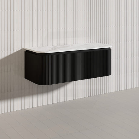 Lukka 600-1800mm Estella Matt White/Black Modern Wall Hung Fluted PVC Vanity With Soft Closing Side Drawers Curve Edge