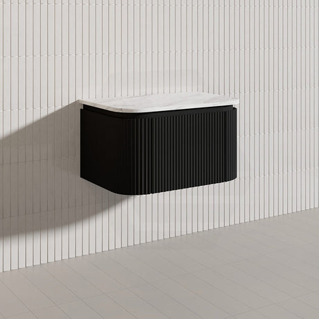 Lukka 600-1800mm Estella Matt White/Black Modern Wall Hung Fluted PVC Vanity With Soft Closing Side Drawers Curve Edge