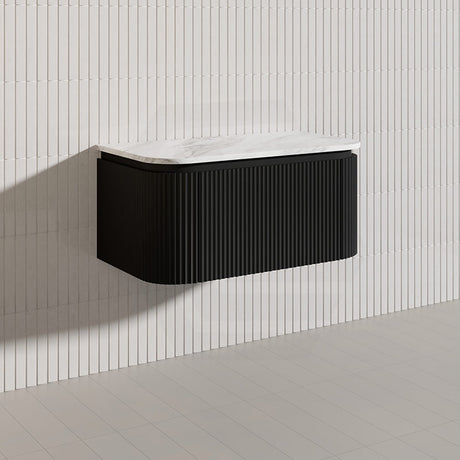 Lukka 600-1800mm Estella Matt White/Black Modern Wall Hung Fluted PVC Vanity With Soft Closing Side Drawers Curve Edge