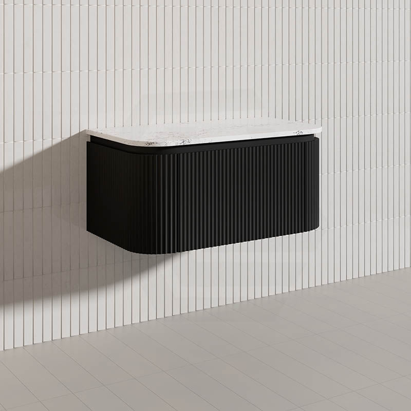 Lukka 600-1800mm Estella Matt White/Black Modern Wall Hung Fluted PVC Vanity With Soft Closing Side Drawers Curve Edge