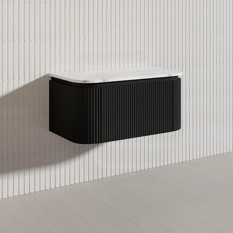 Lukka 600-1800mm Estella Matt White/Black Modern Wall Hung Fluted PVC Vanity With Soft Closing Side Drawers Curve Edge