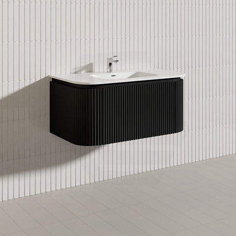 Lukka 600-1800mm Estella Matt White/Black Modern Wall Hung Fluted PVC Vanity With Soft Closing Side Drawers Curve Edge