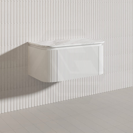 Lukka 600-1800mm Estella Matt White/Black Modern Wall Hung Fluted PVC Vanity With Soft Closing Side Drawers Curve Edge