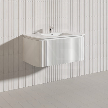 Lukka 600-1800mm Estella Matt White/Black Modern Wall Hung Fluted PVC Vanity With Soft Closing Side Drawers Curve Edge