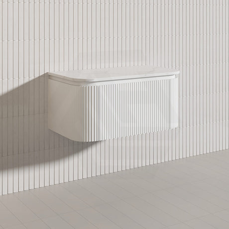 Lukka 600-1800mm Estella Matt White/Black Modern Wall Hung Fluted PVC Vanity With Soft Closing Side Drawers Curve Edge
