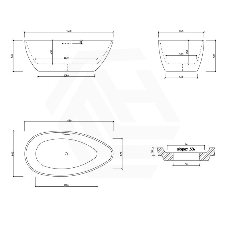 Nova 1690mm Slim Freestanding Bathtub Acrylic Intergrated Overflow Variant Colour Available