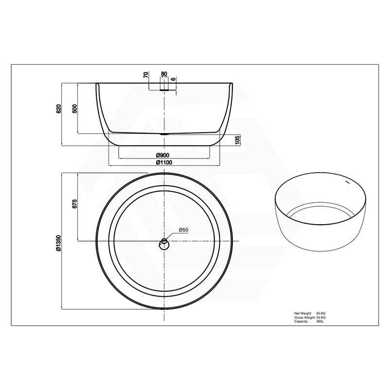 Lukka 1350mm Olley Round Freestanding Acrylic Bathtub with Overflow Variant Colour Available
