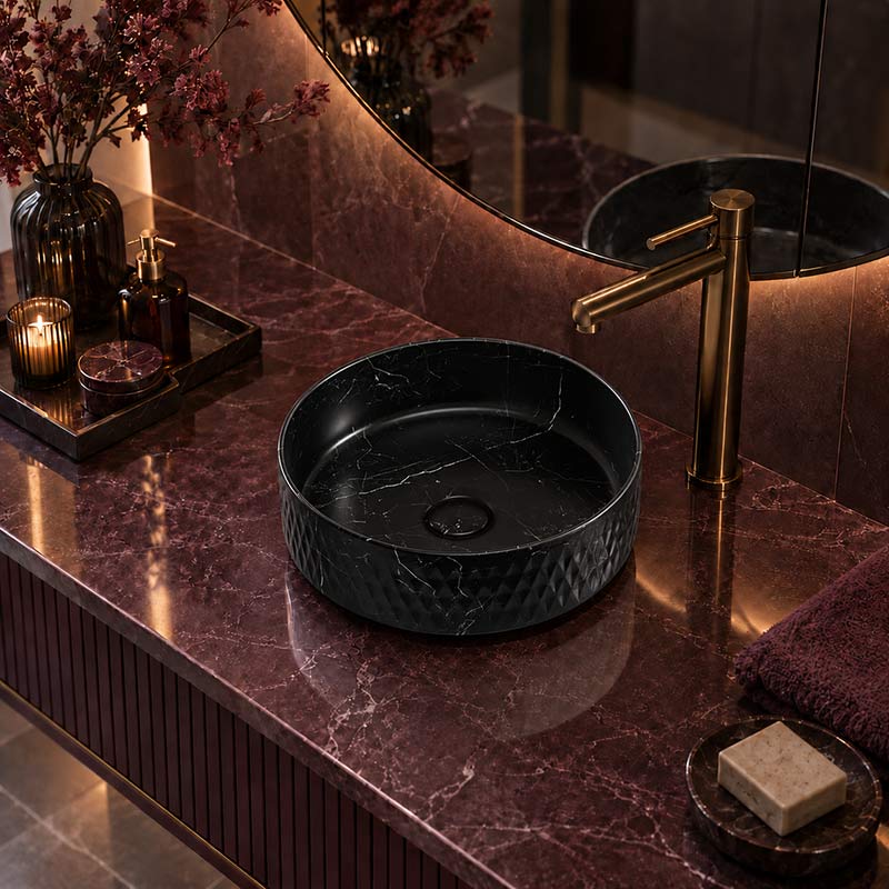 Lukka Ollia Round Fine Ceramic Above Counter Basin No Overflow 360x360x120mm - Matt Carrara Black / White