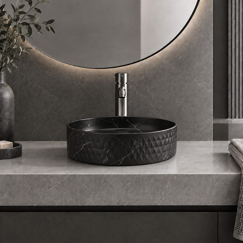 Lukka Ollia Round Fine Ceramic Above Counter Basin No Overflow 360x360x120mm - Matt Carrara Black / White