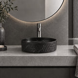 Lukka Ollia Round Fine Ceramic Above Counter Basin No Overflow 360x360x120mm - Matt Carrara Black / White