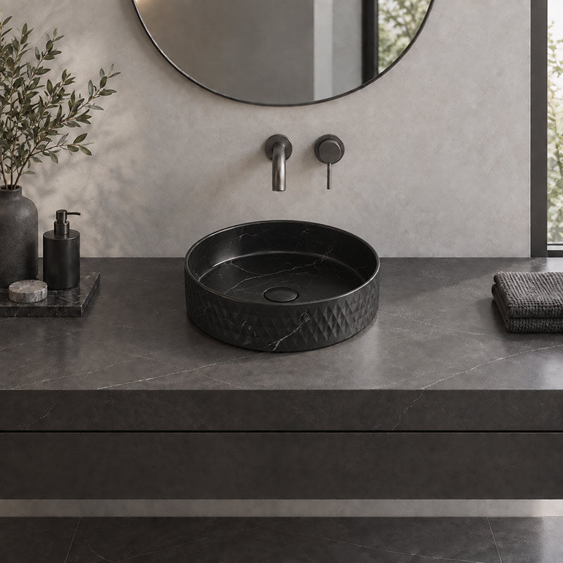 Lukka Ollia Round Fine Ceramic Above Counter Basin No Overflow 360x360x120mm - Matt Carrara Black / White