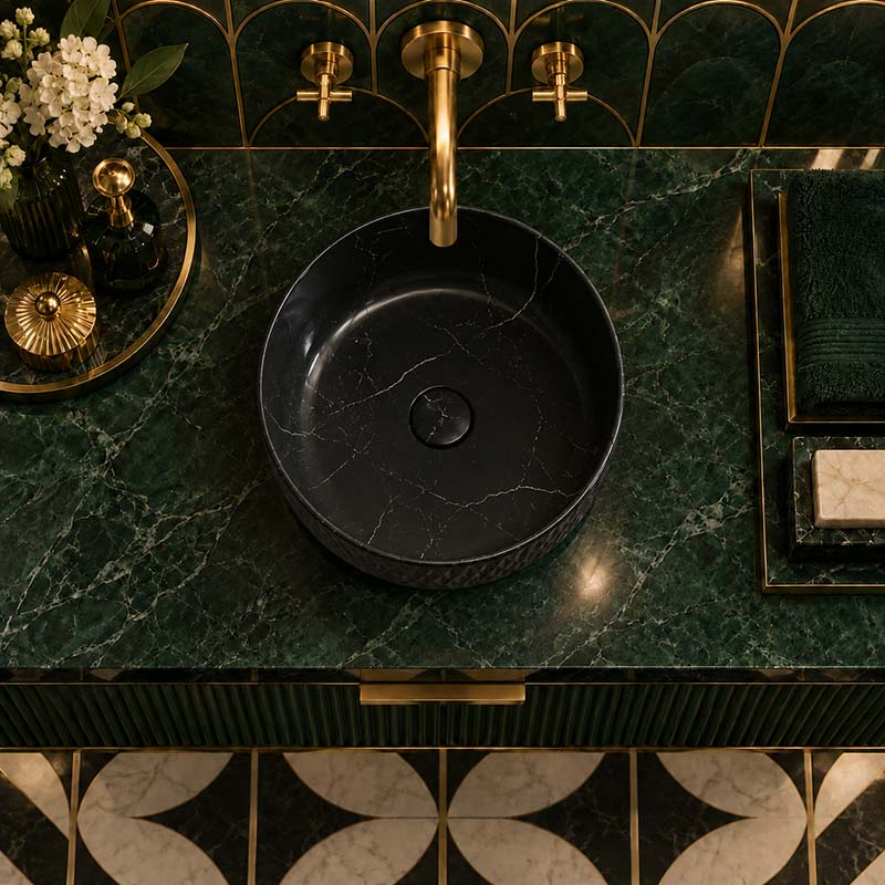 Lukka Ollia Round Fine Ceramic Above Counter Basin No Overflow 360x360x120mm - Matt Carrara Black / White