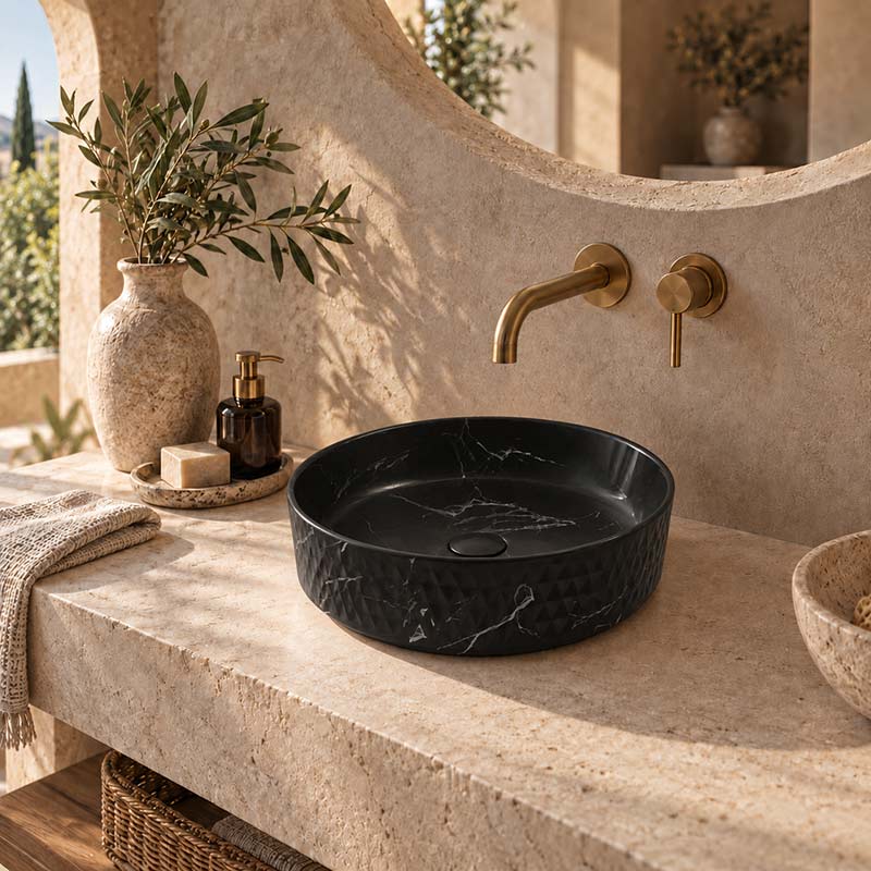 Lukka Ollia Round Fine Ceramic Above Counter Basin No Overflow 360x360x120mm - Matt Carrara Black / White