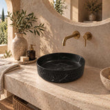 Lukka Ollia Round Fine Ceramic Above Counter Basin No Overflow 360x360x120mm - Matt Carrara Black / White