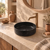 Lukka Ollia Round Fine Ceramic Above Counter Basin No Overflow 360x360x120mm - Matt Carrara Black / White