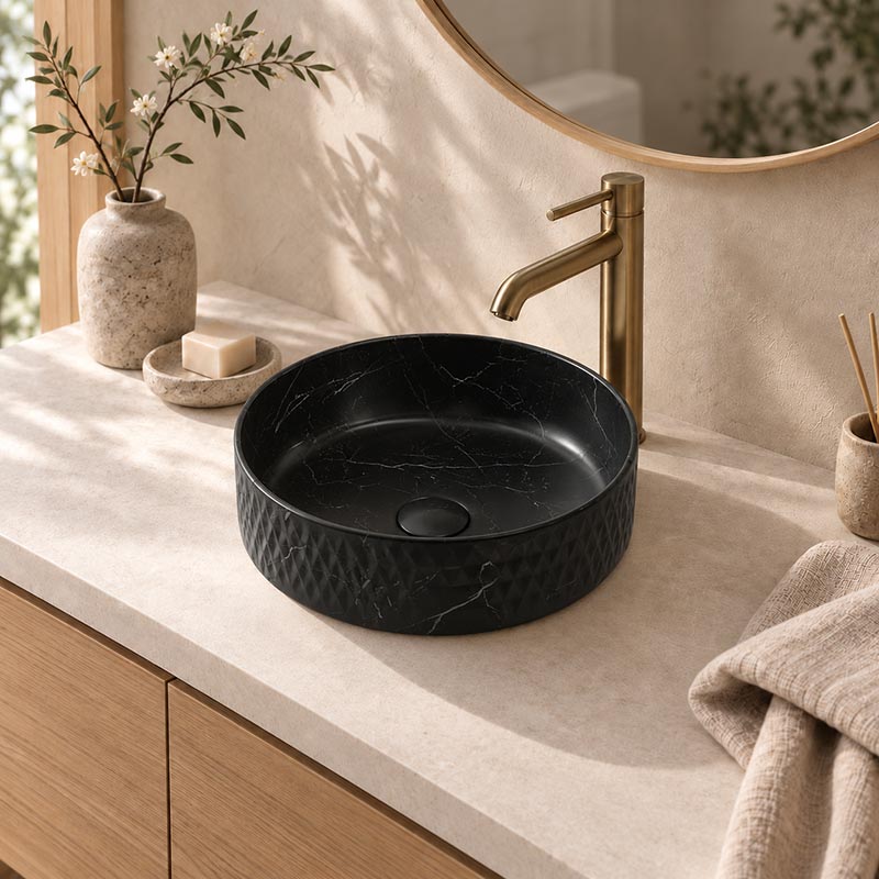 Lukka Ollia Round Fine Ceramic Above Counter Basin No Overflow 360x360x120mm - Matt Carrara Black / White