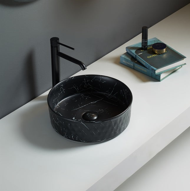 Lukka Ollia 360x360x120mm Round Fine Ceramic Above Counter Basin Matt Carrara Black / White No Overflow