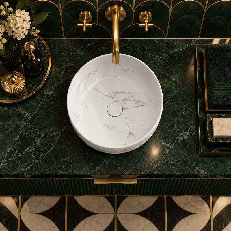 Lukka Ollia Round Fine Ceramic Above Counter Basin No Overflow 360x360x120mm - Matt Carrara Black / White