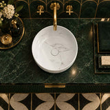Lukka Ollia Round Fine Ceramic Above Counter Basin No Overflow 360x360x120mm - Matt Carrara Black / White