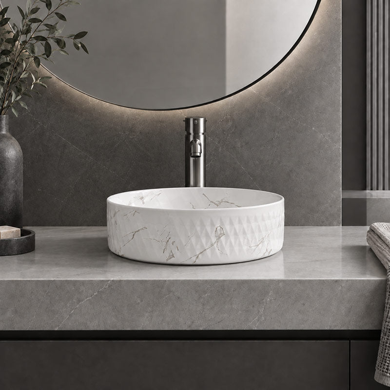 Lukka Ollia Round Fine Ceramic Above Counter Basin No Overflow 360x360x120mm - Matt Carrara Black / White