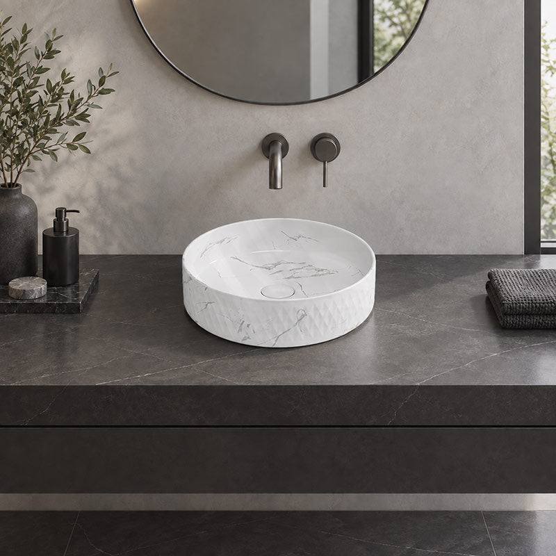 Lukka Ollia Round Fine Ceramic Above Counter Basin No Overflow 360x360x120mm - Matt Carrara Black / White